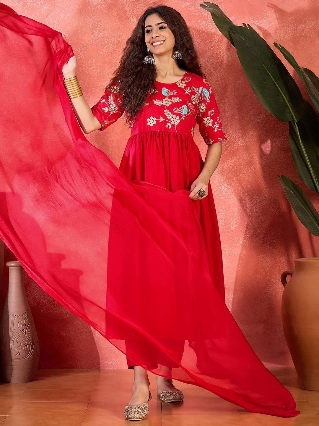 Sangria Floral Yoke Design Empire Thread Work Cotton Anarkali Kurta With Trouser & Dupatta