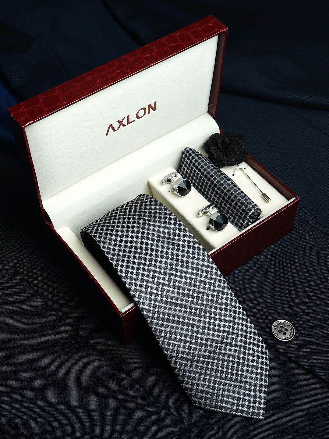 AXLON Men Micro Dotted Tie Pocket Square Cufflink & Flower Pin Accessory Gift Set-picture-42