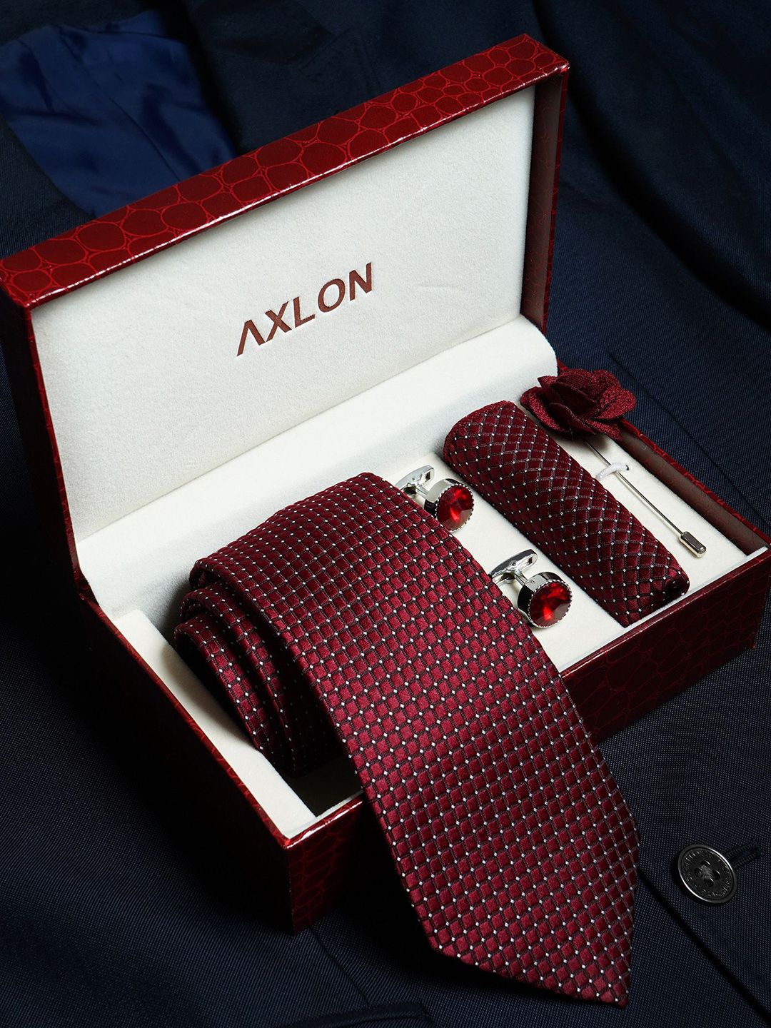 Axlon Men Micro Dotted Tie, Cufflinks, Flower Pin & Pocket Square Accessory Gift Set-picture-16