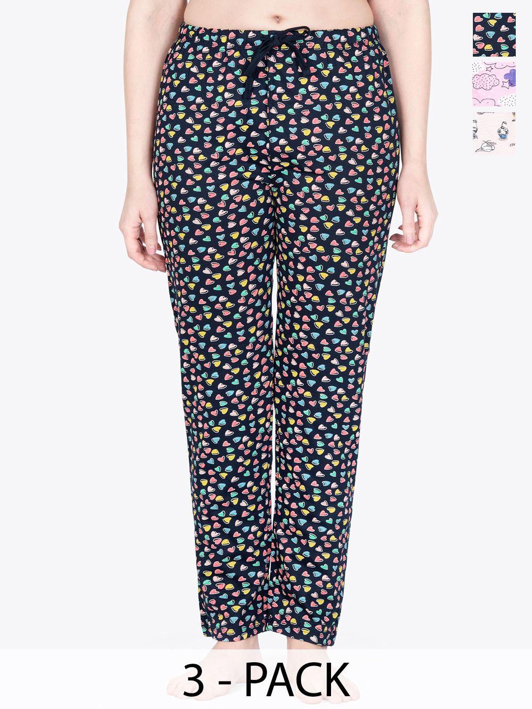 ariel Pack Of 3 Printed Cotton Mid-Rise Lounge Pants-image-10