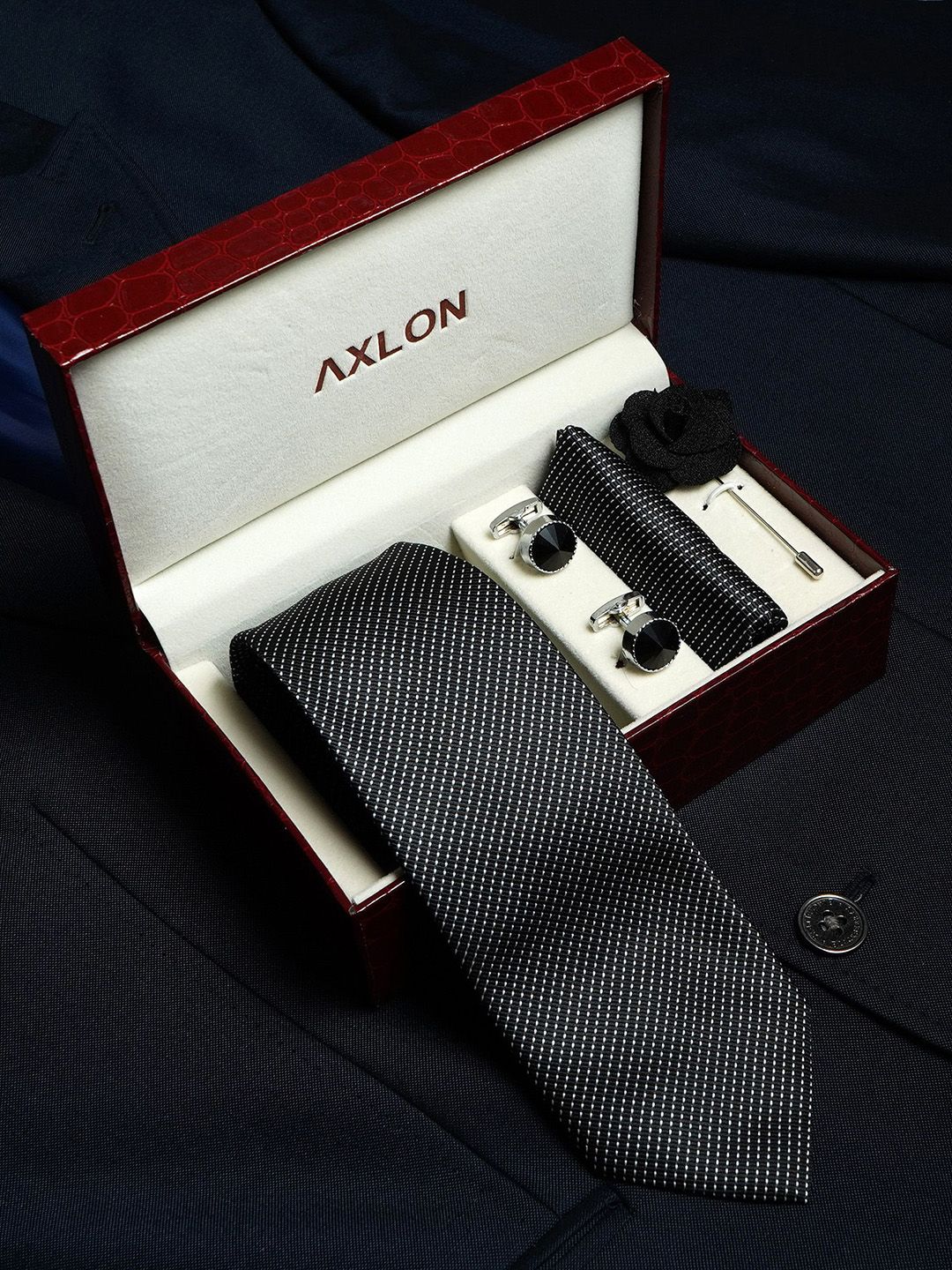 AXLON Men Micro Dotted Tie Pocket Square Cufflink & Flower Pin Accessory Gift Set-picture-50