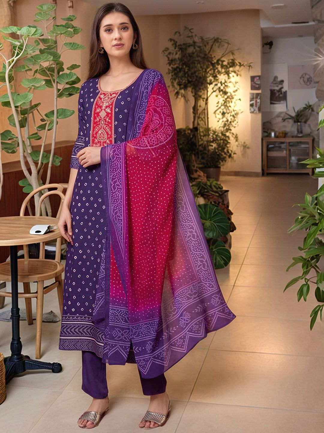 Aaghnya Bandhani Printed Thread Work Straight Kurta With Trousers & Dupatta