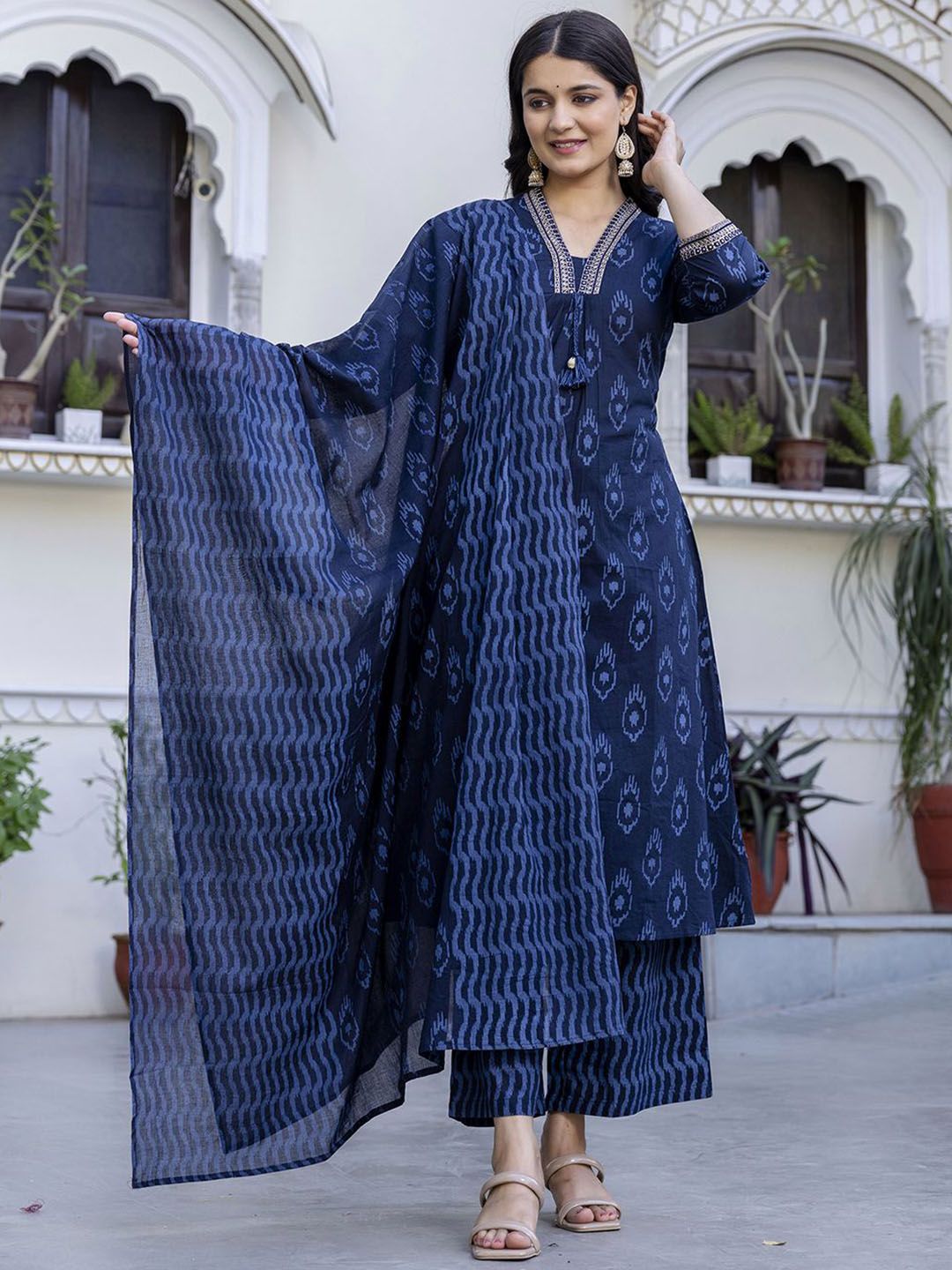 Pistaa Women Ethnic Motifs Printed Layered Pure Cotton Kurta with Palazzos & With Dupatta