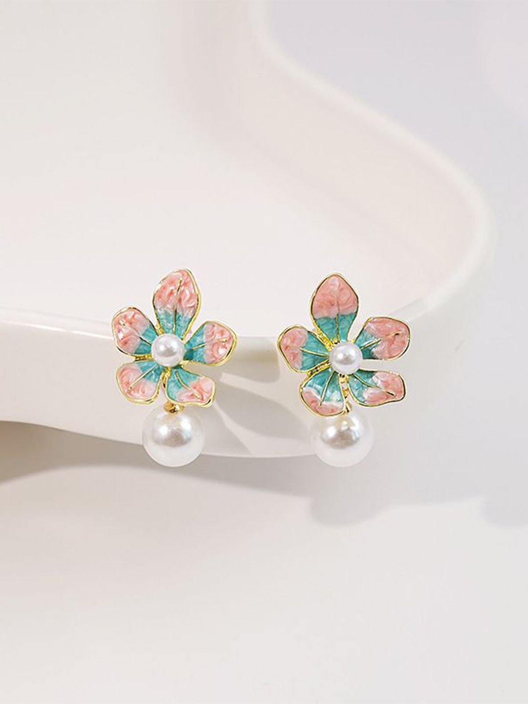 DIVASTRI Gold-Plated Pearls Studded Korean Floral Drop Earrings-picture-37