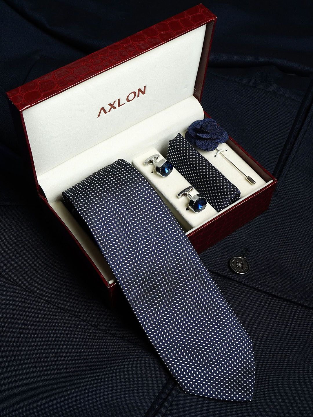Axlon Men Polka Dotted Tie, Cufflinks, Flower Pin & Pocket Square Accessory Gift Set-picture-6