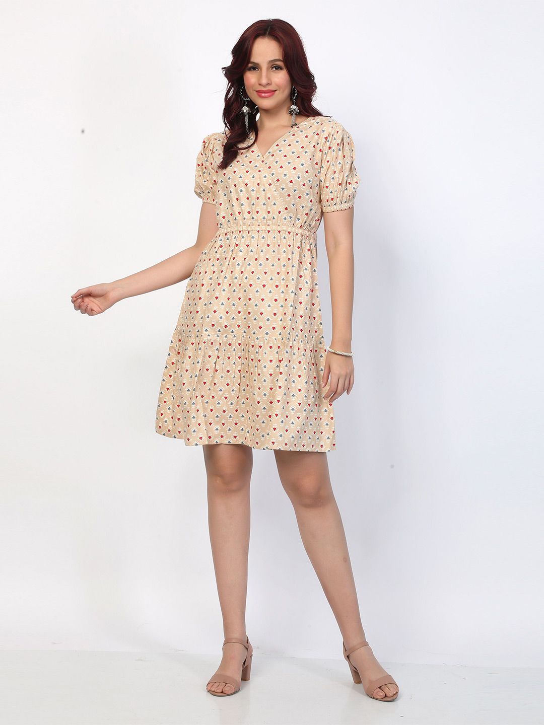 BABRU Women Geometric Print Puff Sleeve Fit and Flare Dress-picture-20