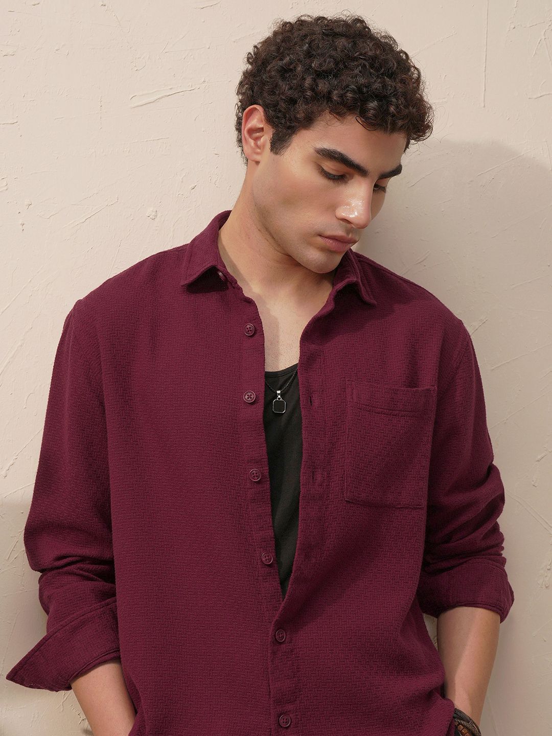 HIGHLANDER Spread Collar Long Sleeves Relaxed Fit Cotton Dobby Casual Shirt-image-12