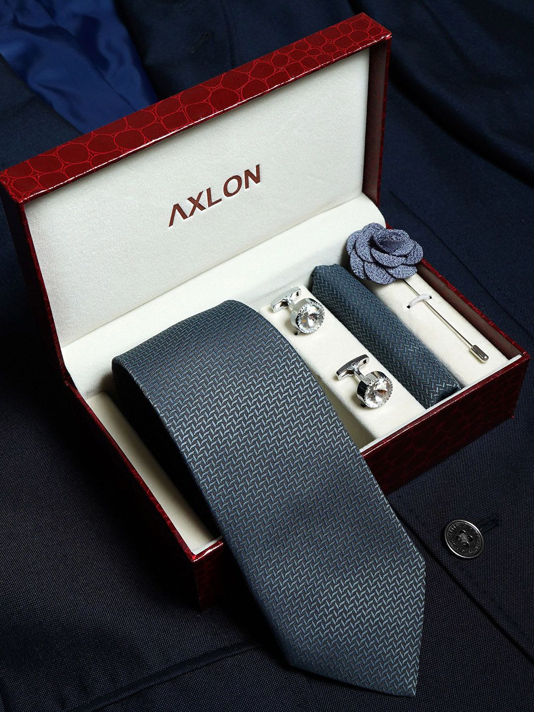 AXLON Men Woven design Tie Pocket Square Cufflink & Flower Pin Accessory Gift Set-picture-26