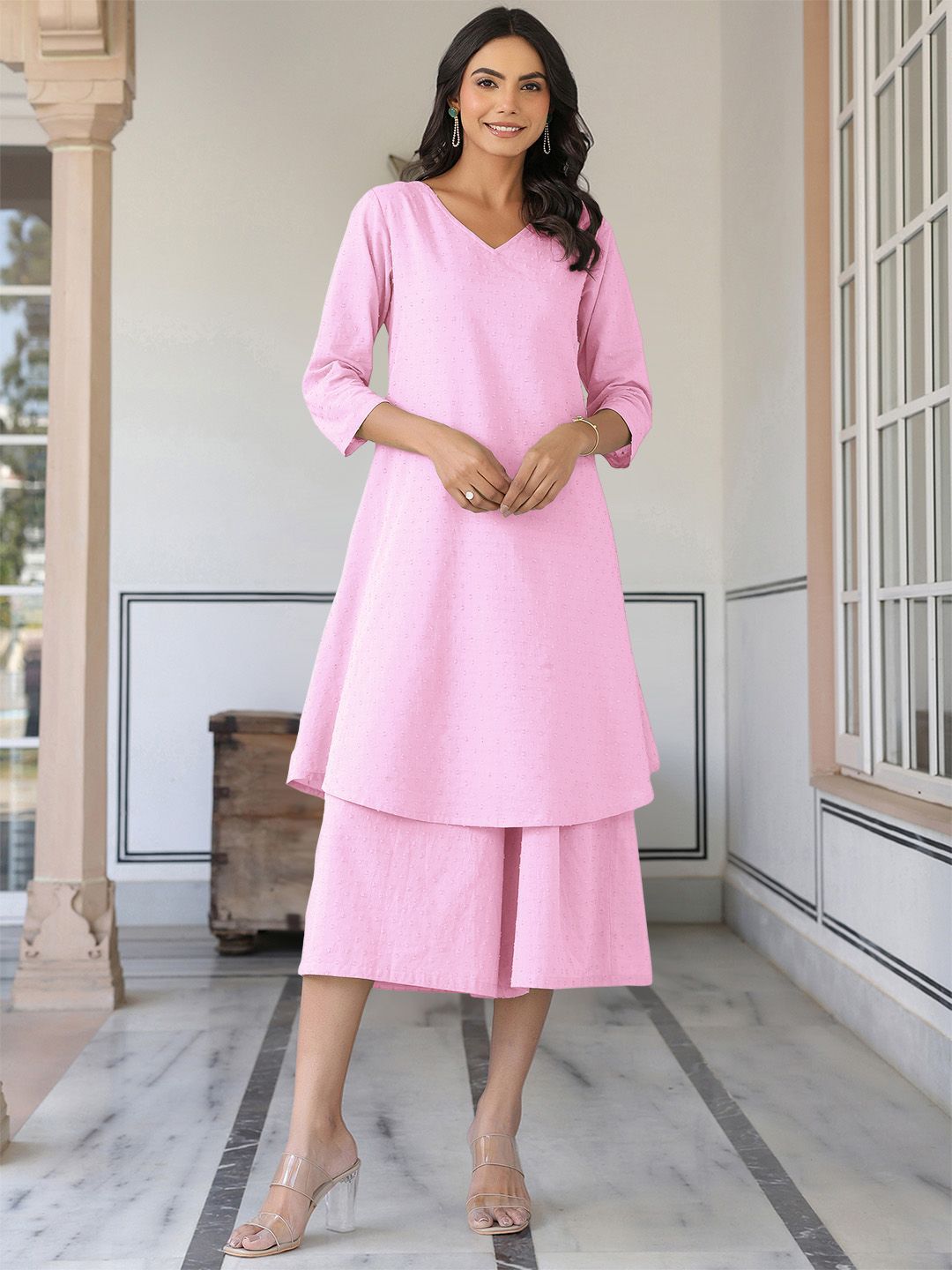 Janasya Women Solid Cotton Kurta with Palazzo