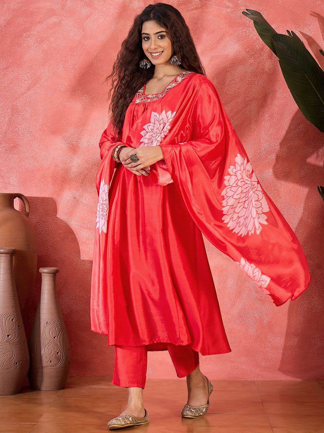 Sangria Women Floral Yoke Design Kurta with Trousers & Dupatta