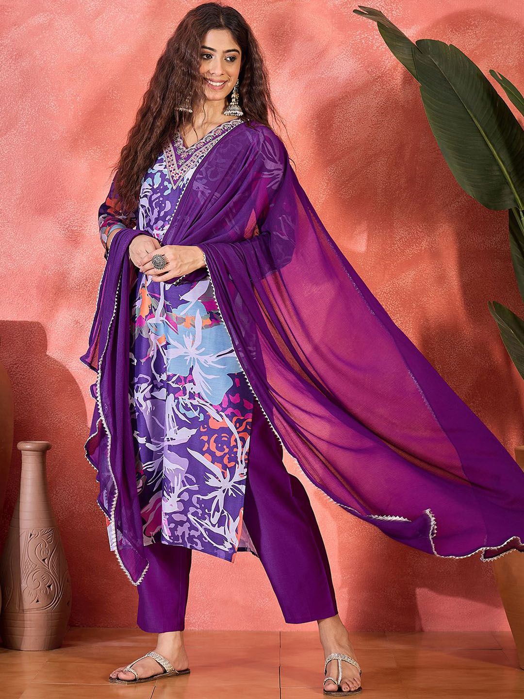 Sangria Floral Printed V-Neck Thread Work Straight Kurta With Trouser & Dupatta