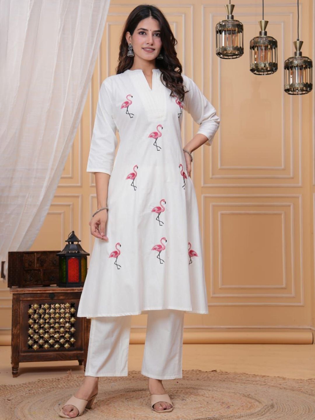 Fabmoha Women Animal Embroidered Thread Work Pure Cotton Kurta Set