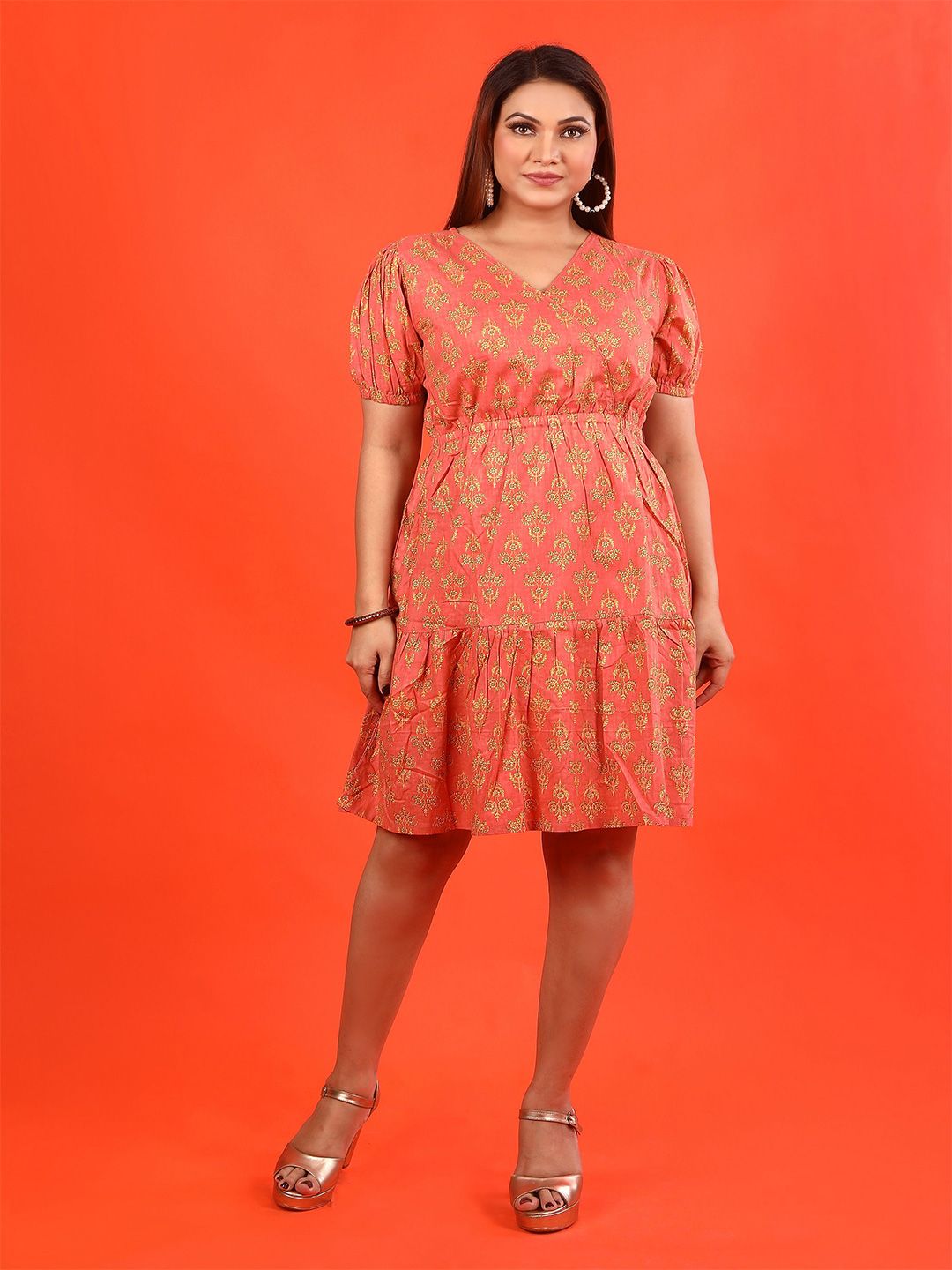 BABRU Women Ethnic Motifs Flared Print Puff Sleeve A-Line Dress-picture-39