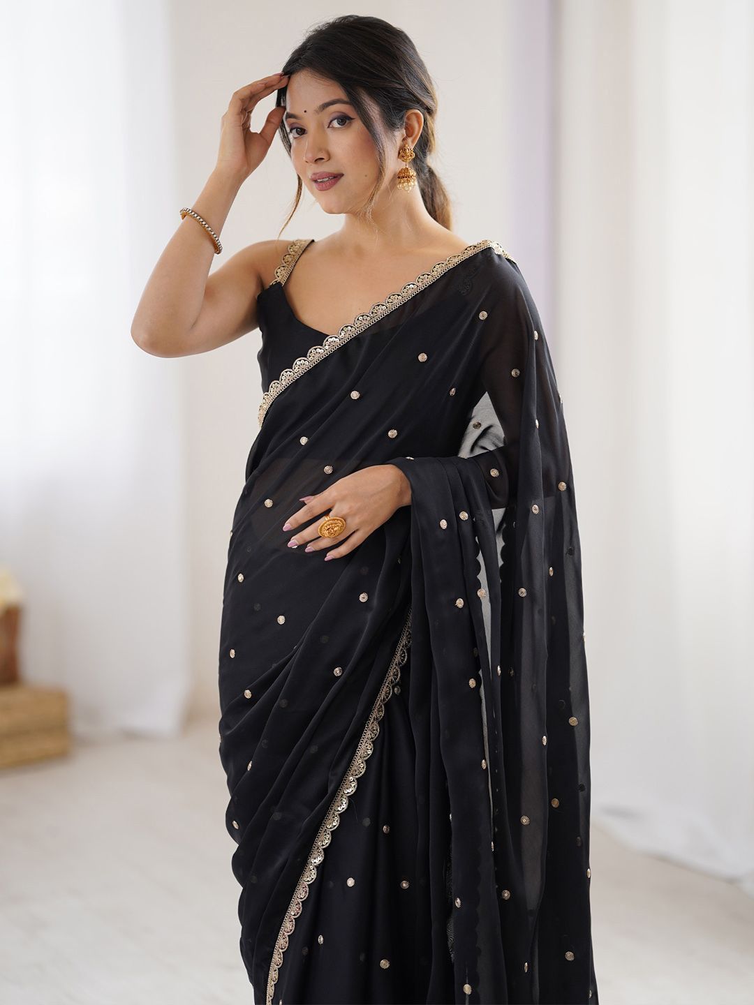 Saree mall Embellished Sequinned Floral Pure Georgette Saree-image-23