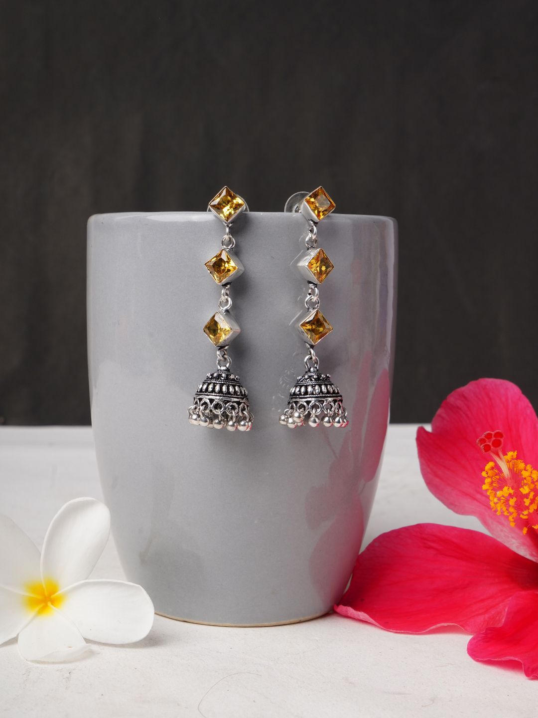 Bamboo Tree Jewels Artificial Stones Studded Oxidised Dome Shaped Jhumkas-picture-15