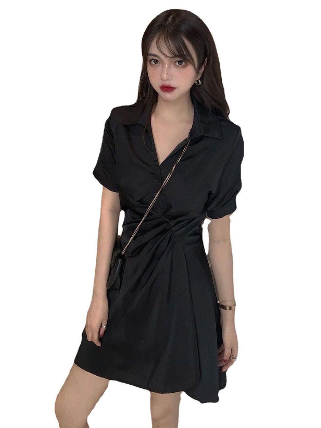 StyleCast Women Solid Shirt Collar A-Line Mini Dress-picture-19