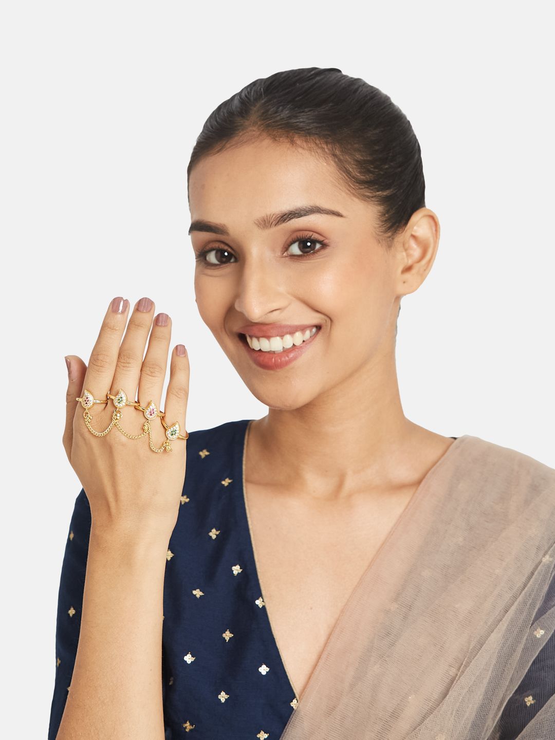 ATIBELLE Set Of 4 Gold-Plating Stone Studded Fusion Ring