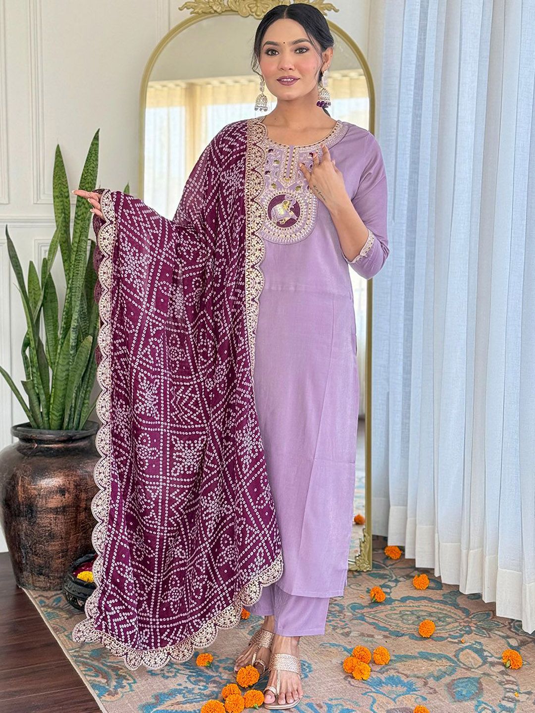 Siya Fashion Floral Yoke Design Thread Work Straight Kurta With Trousers & Dupatta