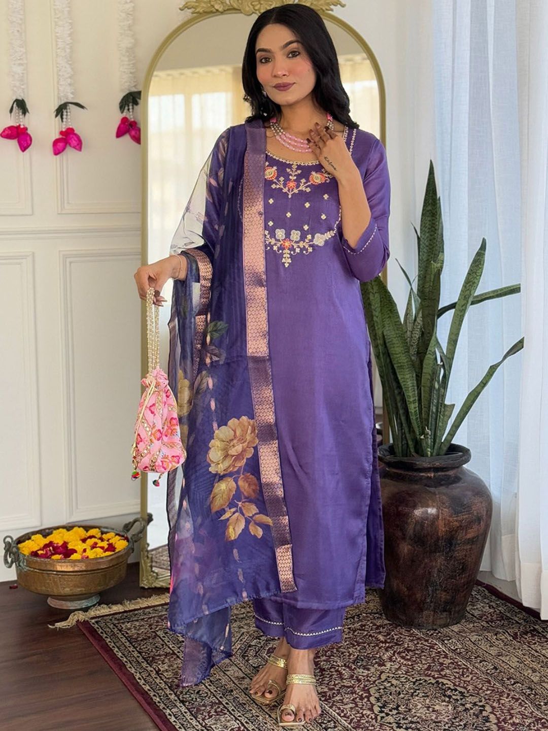 Siya Fashion Floral Yoke Design Thread Work Straight Kurta With Trousers & Dupatta