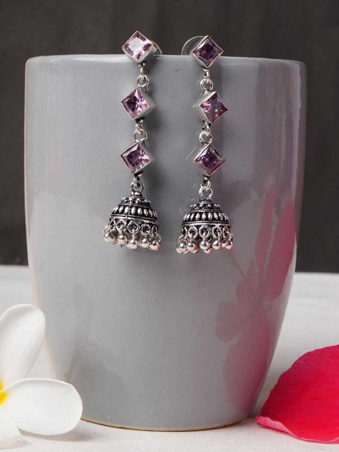 Bamboo Tree Jewels Artificial Stones Studded Oxidised Dome Shaped Jhumkas-picture-11