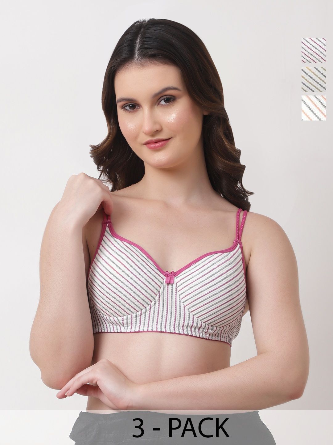 Narsingha Dreams Pack Of 3 Women Striped Full Coverage Lightly Padded T-shirt Bra