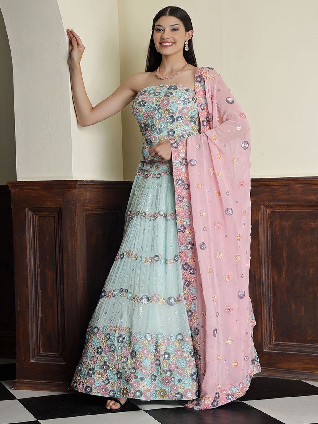 MILU MADAN Embroidered Sequnnied Georgette Ready to Wear Lehenga & Blouse With Dupatta-image-12