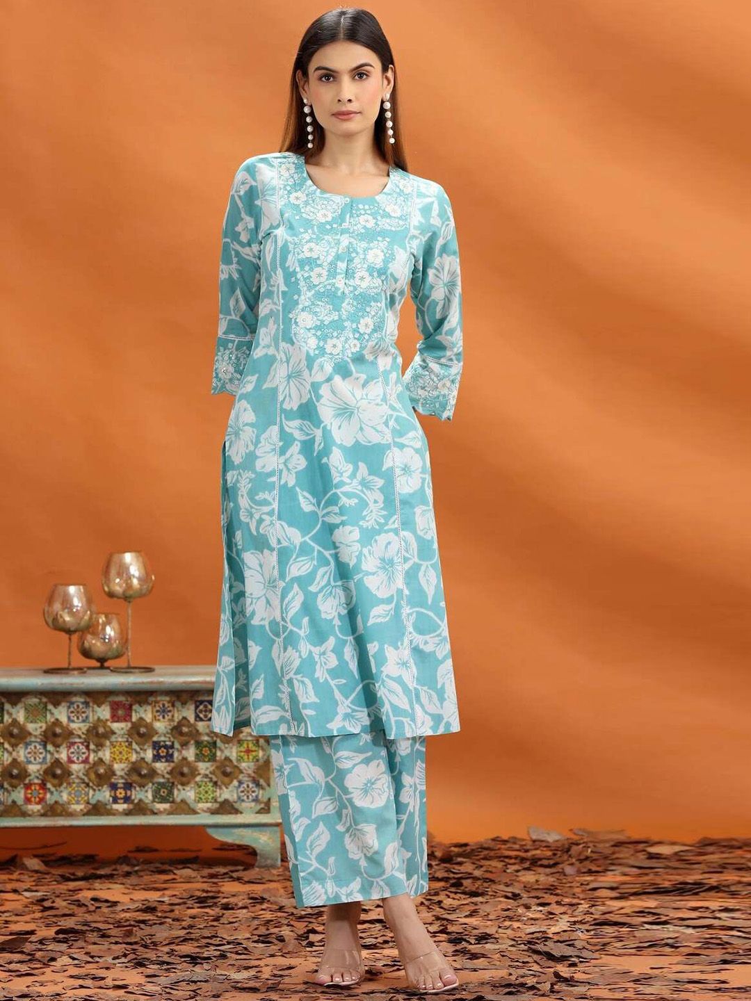 COTTON CULTURE Women Jaipuri Cotton Embroidered Straight Kurta and Pant Set