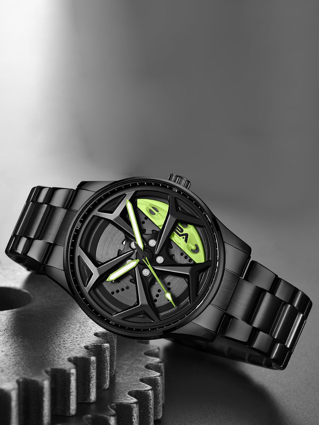 V2A Men Dial & Stainless Steel Bracelet Style Straps Analogue Watch V2A-CS-2310-Blk-Grn-image-5