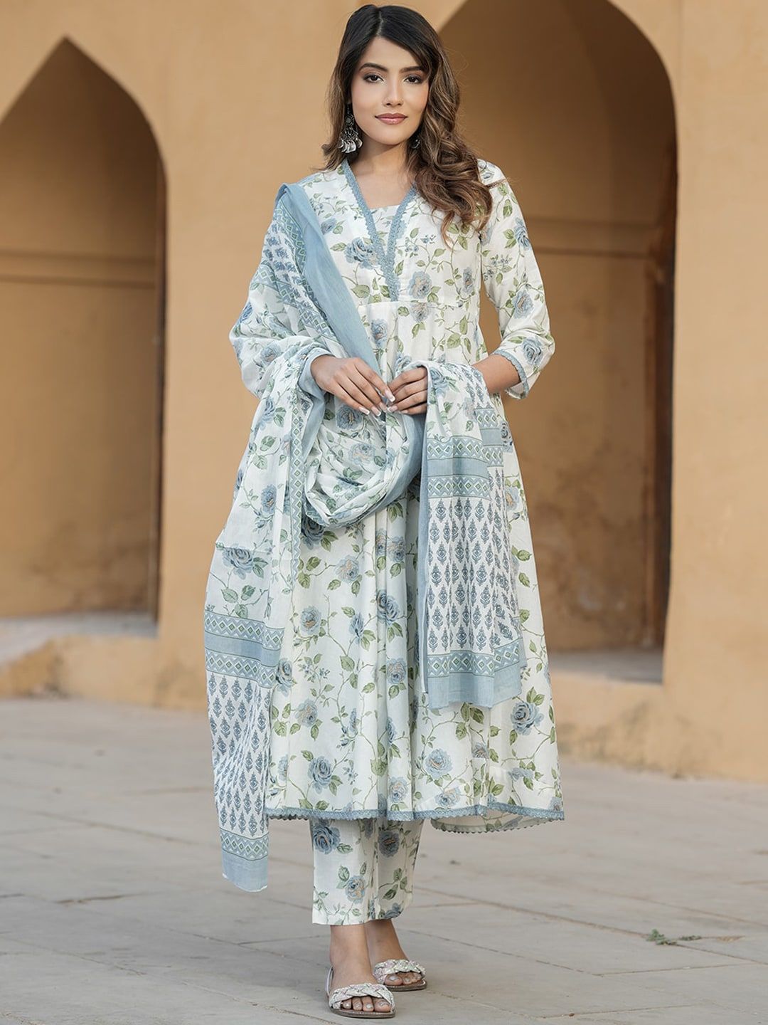 DIVASTRI Floral Printed V-Neck Pure Cotton A-Line Kurta With Trousers & Dupatta
