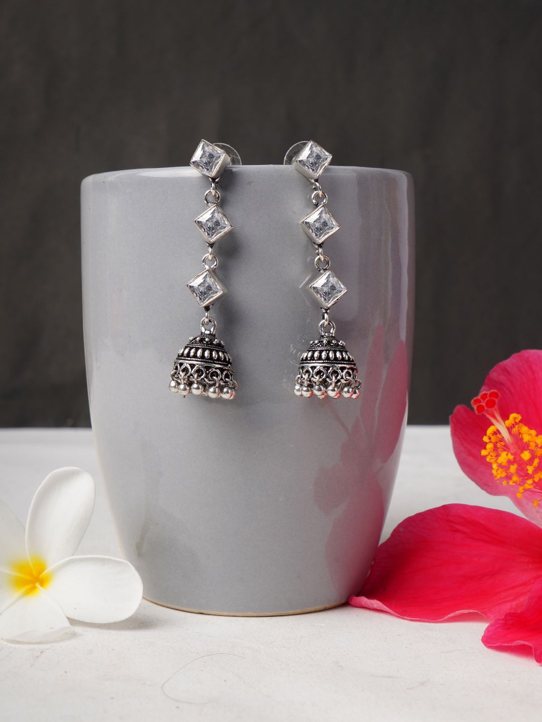 Bamboo Tree Jewels Artificial Stones Studded Oxidised Dome Shaped Jhumkas-picture-21