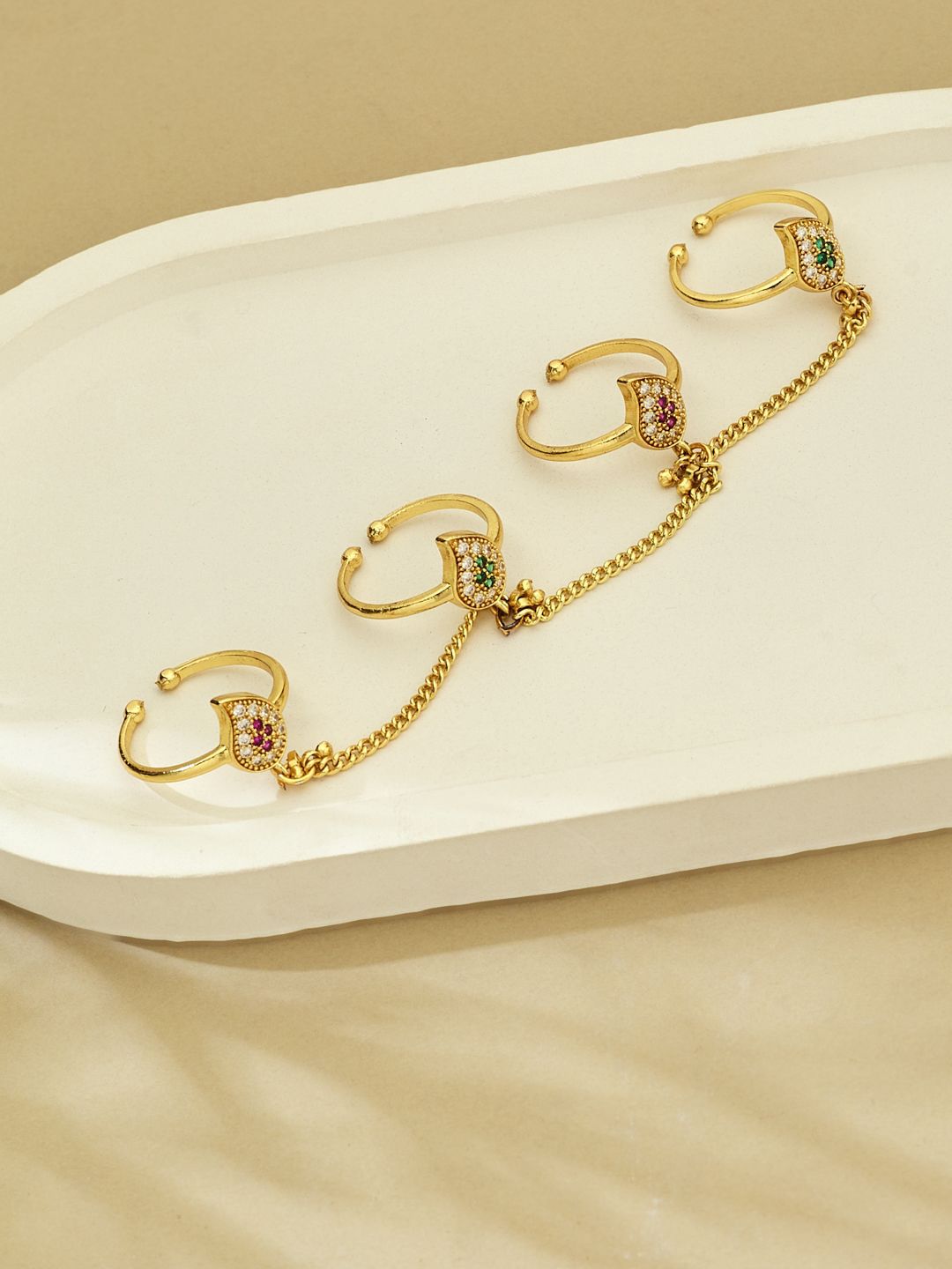 ATIBELLE Set Of 4 Gold-Plating Stone Studded Fusion Ring