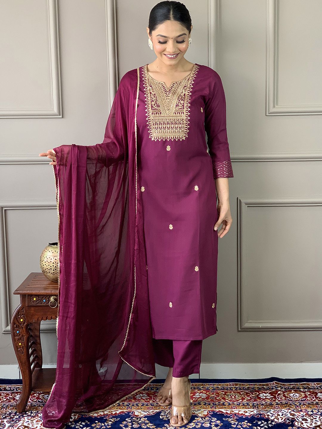 Siya Fashion Floral Yoke Design Notch Neck Straight Kurta With Trousers & Dupatta
