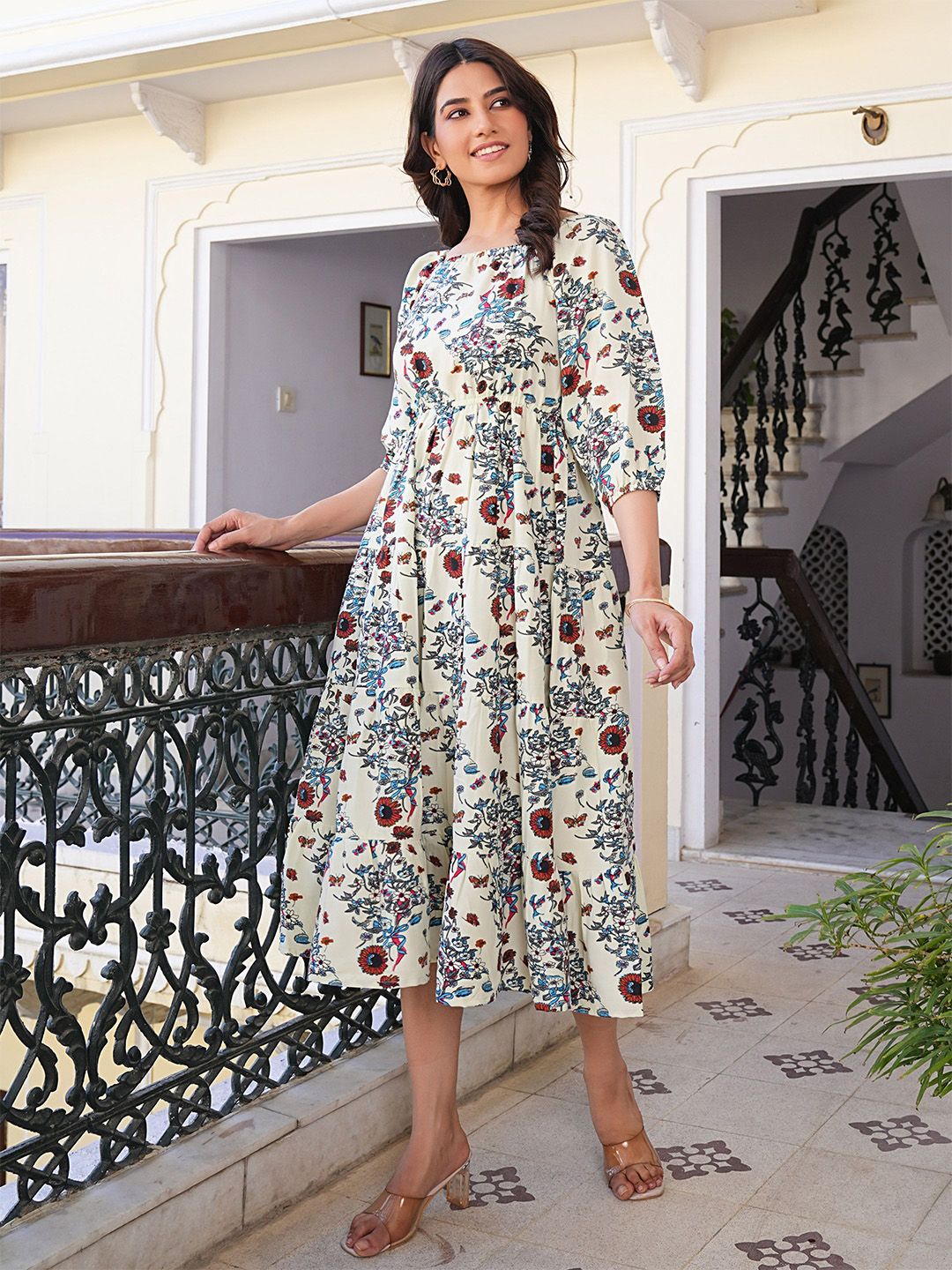 IKRASS Women Floral Printed Square Neck Gathered or Pleated Casual Fit and Flare Dress-picture-26