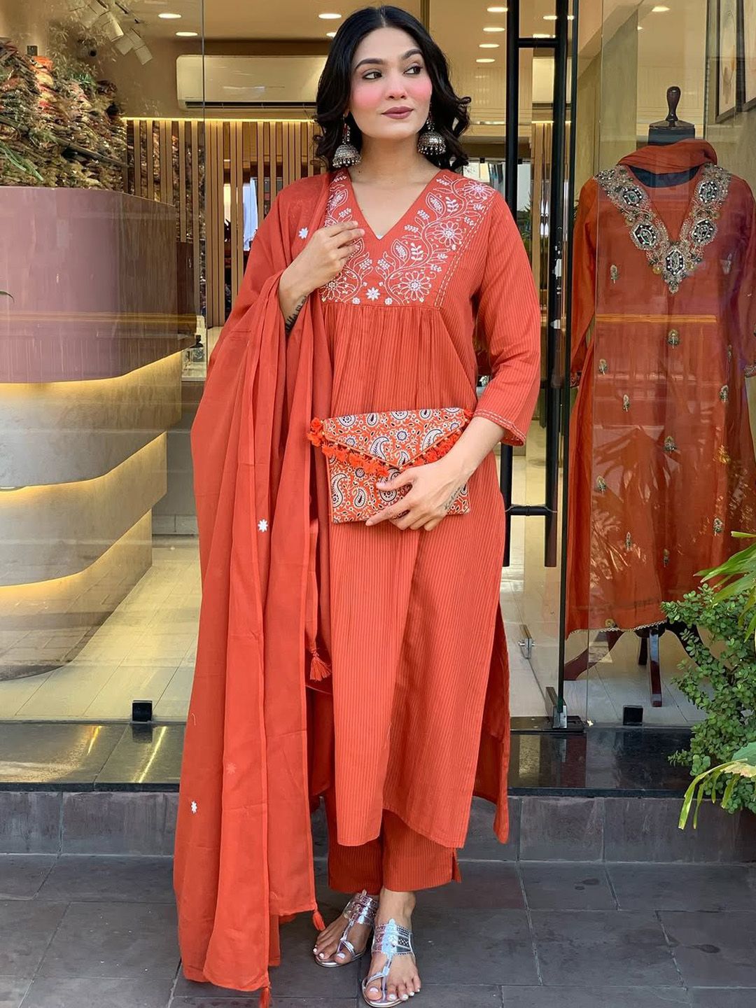 Siya Fashion Floral Embroidered Thread Work V-Neck A-Line Kurta With Trousers & Dupatta