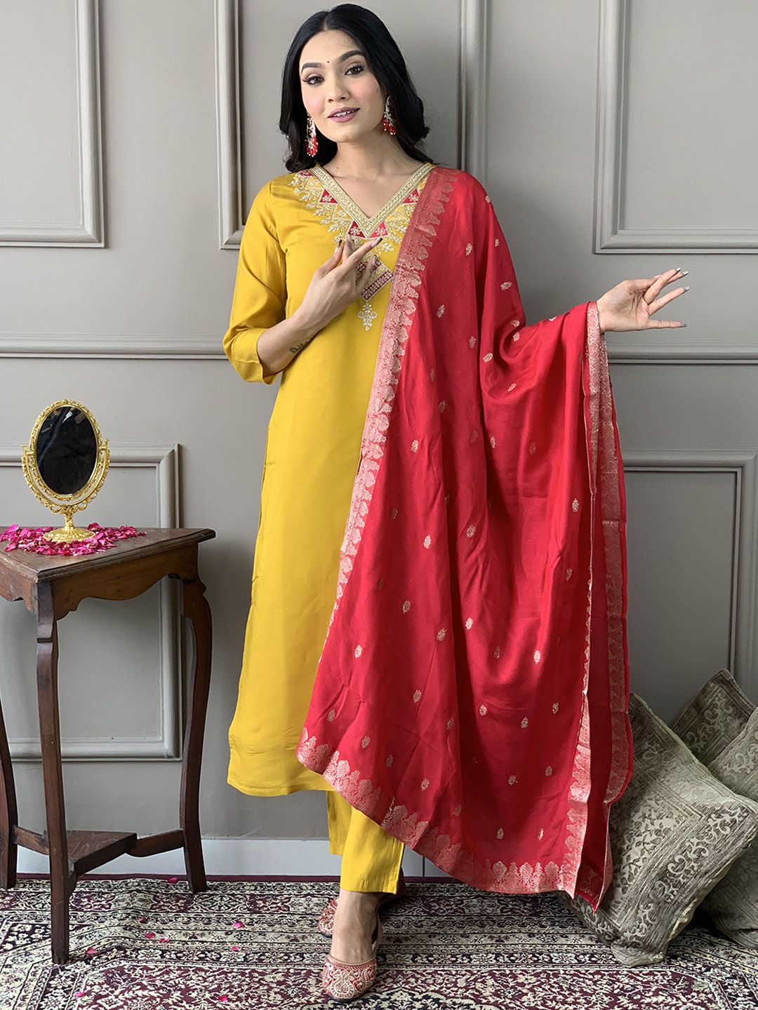 Siya Fashion Floral Embroidered V-Neck Straight Kurta With Trousers & Dupatta