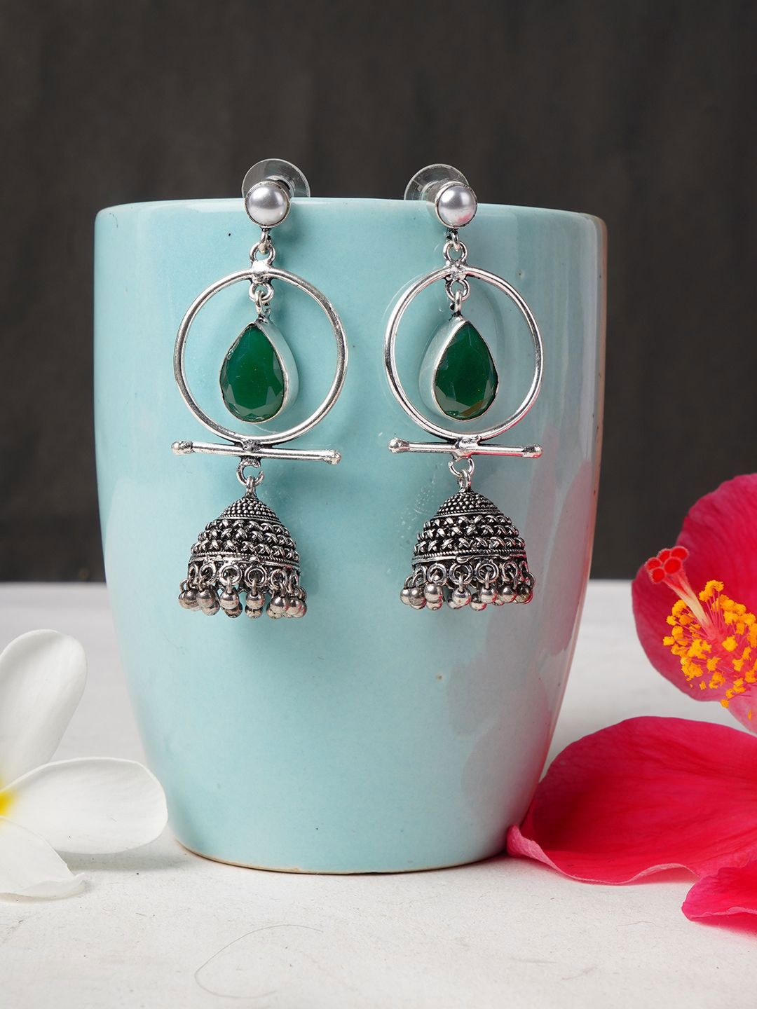 Bamboo Tree Jewels Artificial Stones Studded Oxidised Teardrop Shaped Jhumkas-picture-18