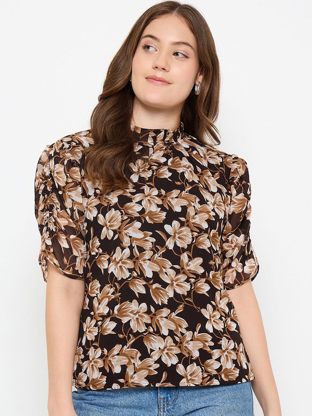 Imfashini Women Floral Print Choker Neck Puff Sleeve Georgette Top-picture-24