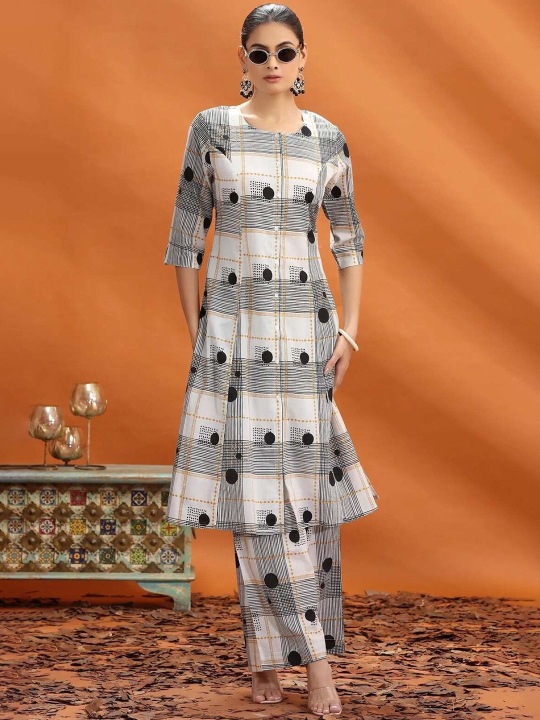 COTTON CULTURE Women Off White & Black Jaipuri Cotton Printed A Line Kurta and Pant Set-picture-30