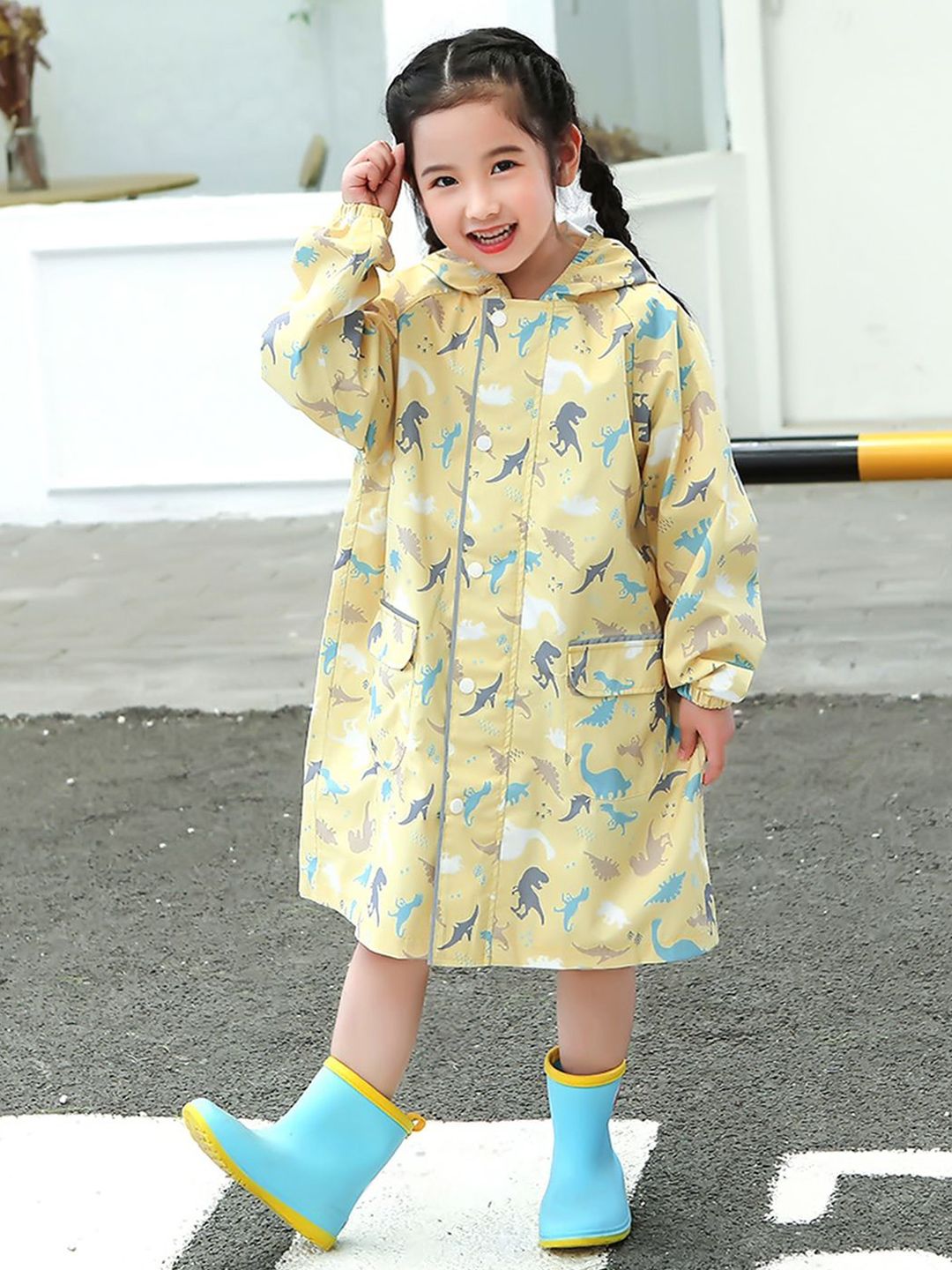 Little Surprise Box LLP Kids Pastel Yellow Dino All Over Print Knee Length Raincoat-picture-23