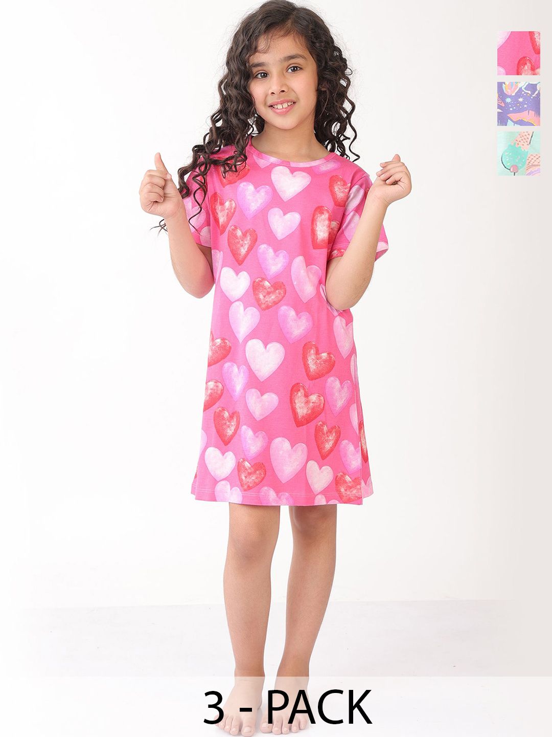 Anthrilo Girls Pack Of 3 Pure Cotton Pink Heart,Unicorn Planet And Icecream Night Dress-image-12