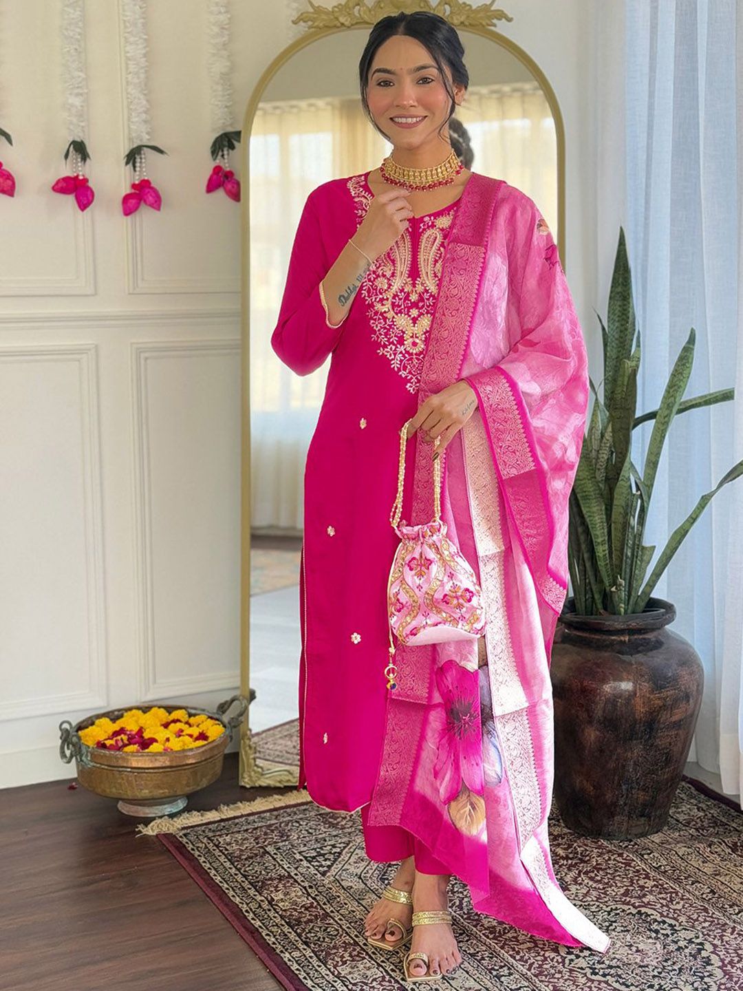 Siya Fashion Floral Yoke Design Thread Work Regular Straight Kurta & Trousers With Dupatta