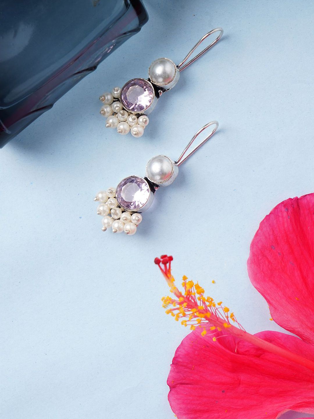 Bamboo Tree Jewels Artificial Stones Studded & Beaded Oxidised Circular Drop Earrings-picture-20