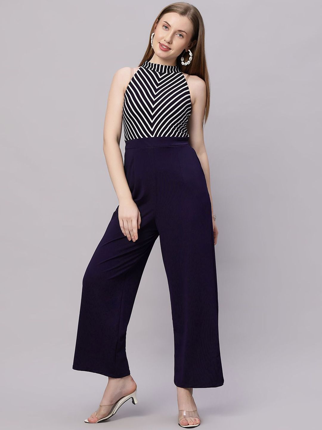 Elara Luxe Women Chevron Striped High-Neck Sleeveless Jumpsuit-picture-51