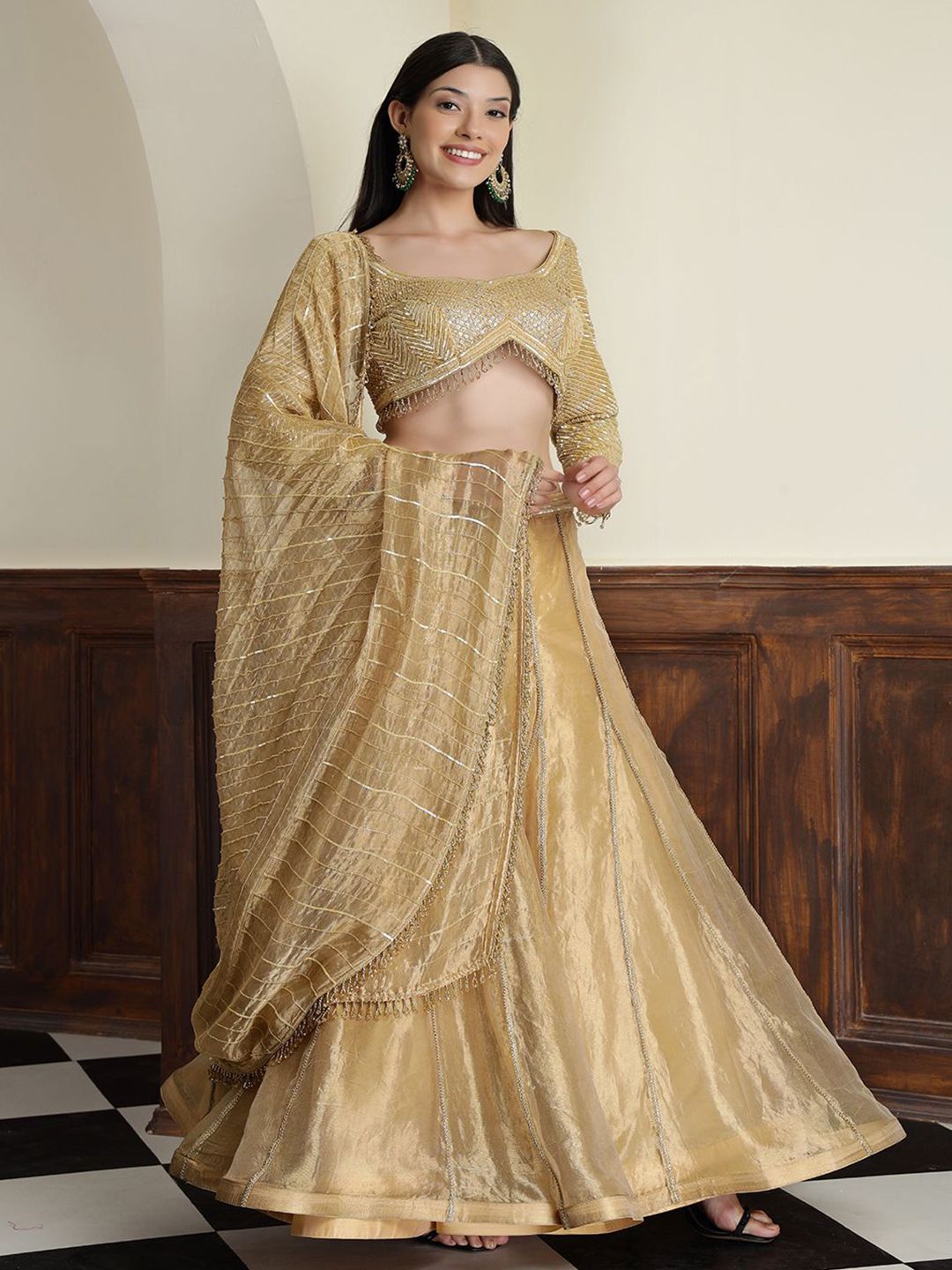 MILU MADAN Embroidered Sequnnied Tissue Ready to Wear Lehenga & Blouse With Dupatta-image-36
