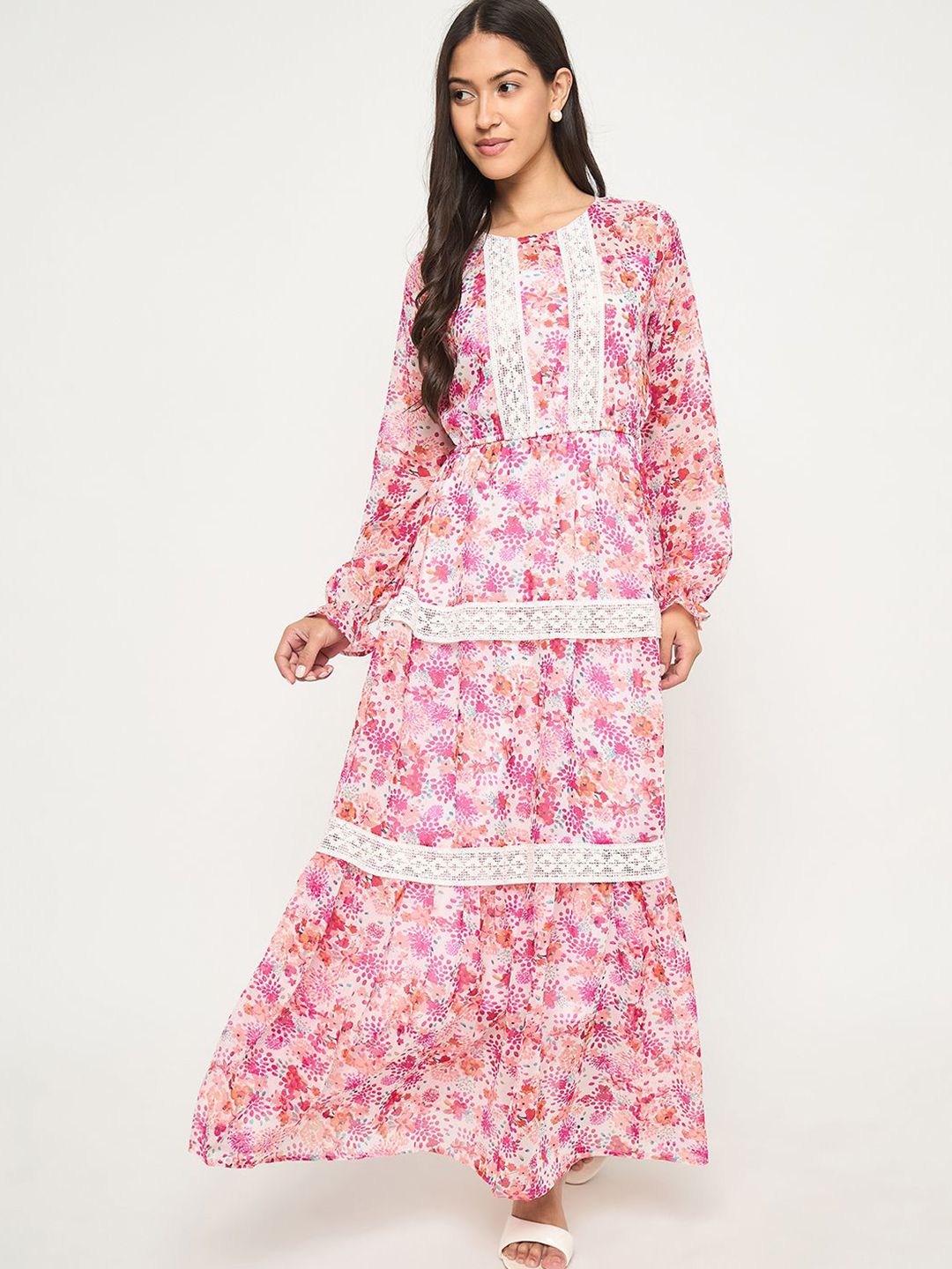 Imfashini Women Floral Printed Lace Inserts Georgette Maxi Dress-picture-16