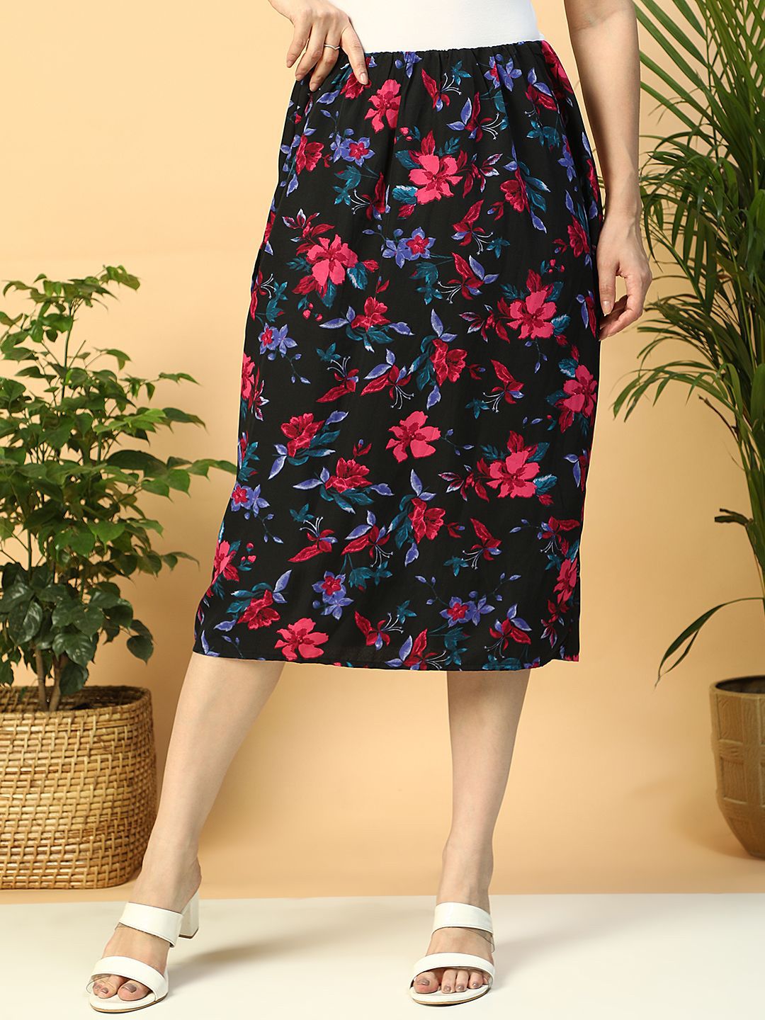 Oxolloxo Floral Printed Knee Length Straight Skirt-picture-22