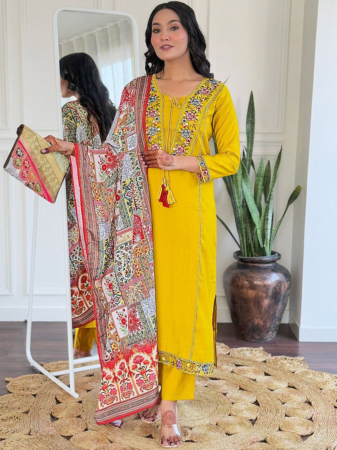 Siya Fashion Floral Yoke Design Thread Work Tie-Up Neck Kurta With Trousers & Dupatta