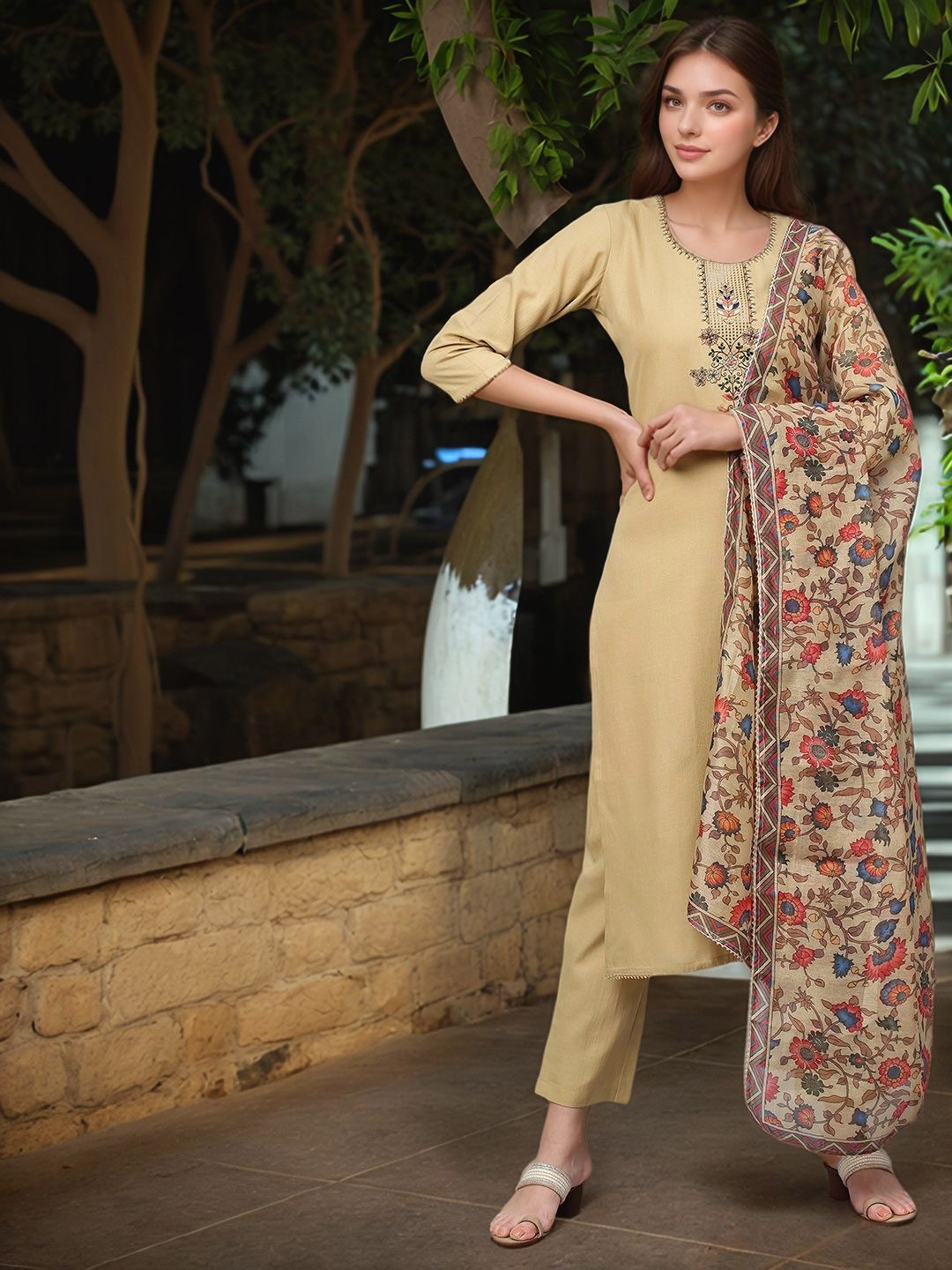 Aaghnya Women Solid Embroidered Kurta with Trousers & Dupatta