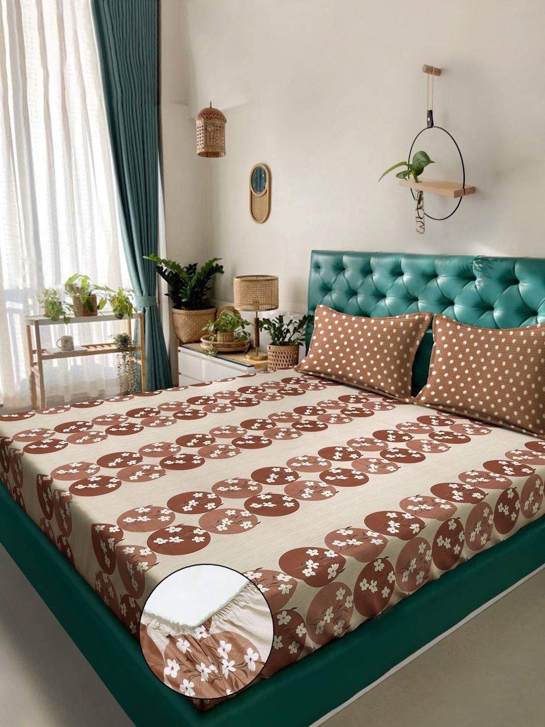 KLOTTHE Brown & Beige Floral Pure Cotton 400 TC Fitted Double King Bedsheet Set-2.5mX2.25m-picture-29