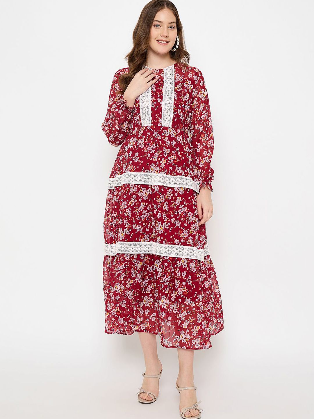 Imfashini Women Floral Print Puff Sleeve Georgette Maxi Dress-picture-23